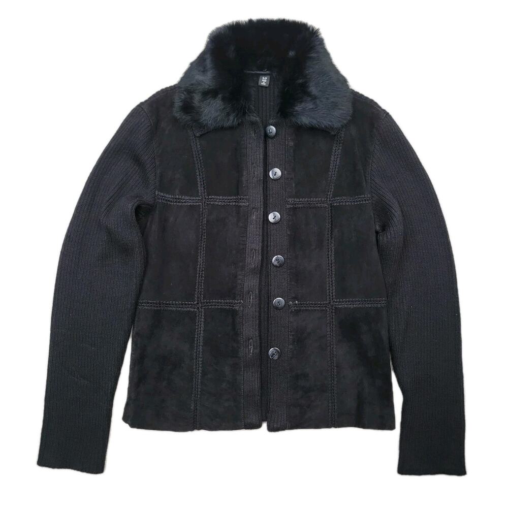 Vtg Black Suede Leather Patchwork Jacket Fur Coll… - image 1